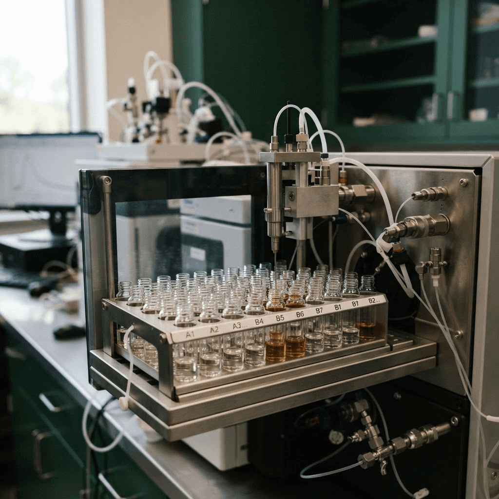 Close-up of LC-MS/MS analytical instrumentation with chromatography sample vials in an autosampler tray